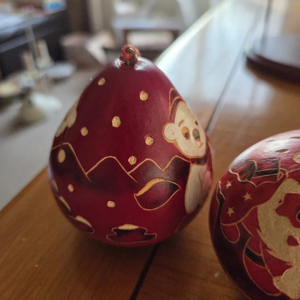 Hand Carved Dried Gourd Ornanent Trio (Polar Bear, Santa & Penguin)